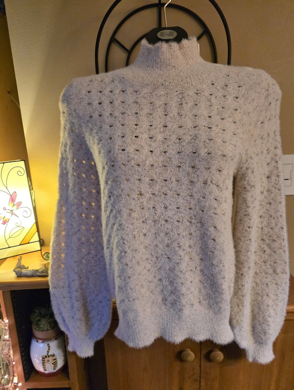 Kaily K Soft Open-Knit Mock Neck Cream Fuzzy Sweater With Metallic Threads Sz S